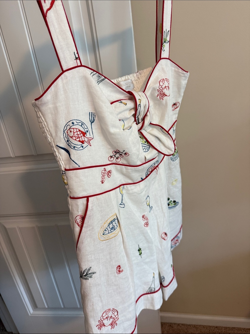 Caroline Constas Cream Linen Romper with Red Trim and Multicolor Embroidery - Picture 10 of 10